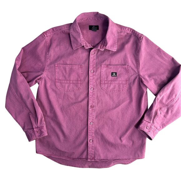 Converse Shirt Jacket Mens M Pink Button Up Cotton‎ Shacket Chore Pockets Thick - Picture 1 of 7